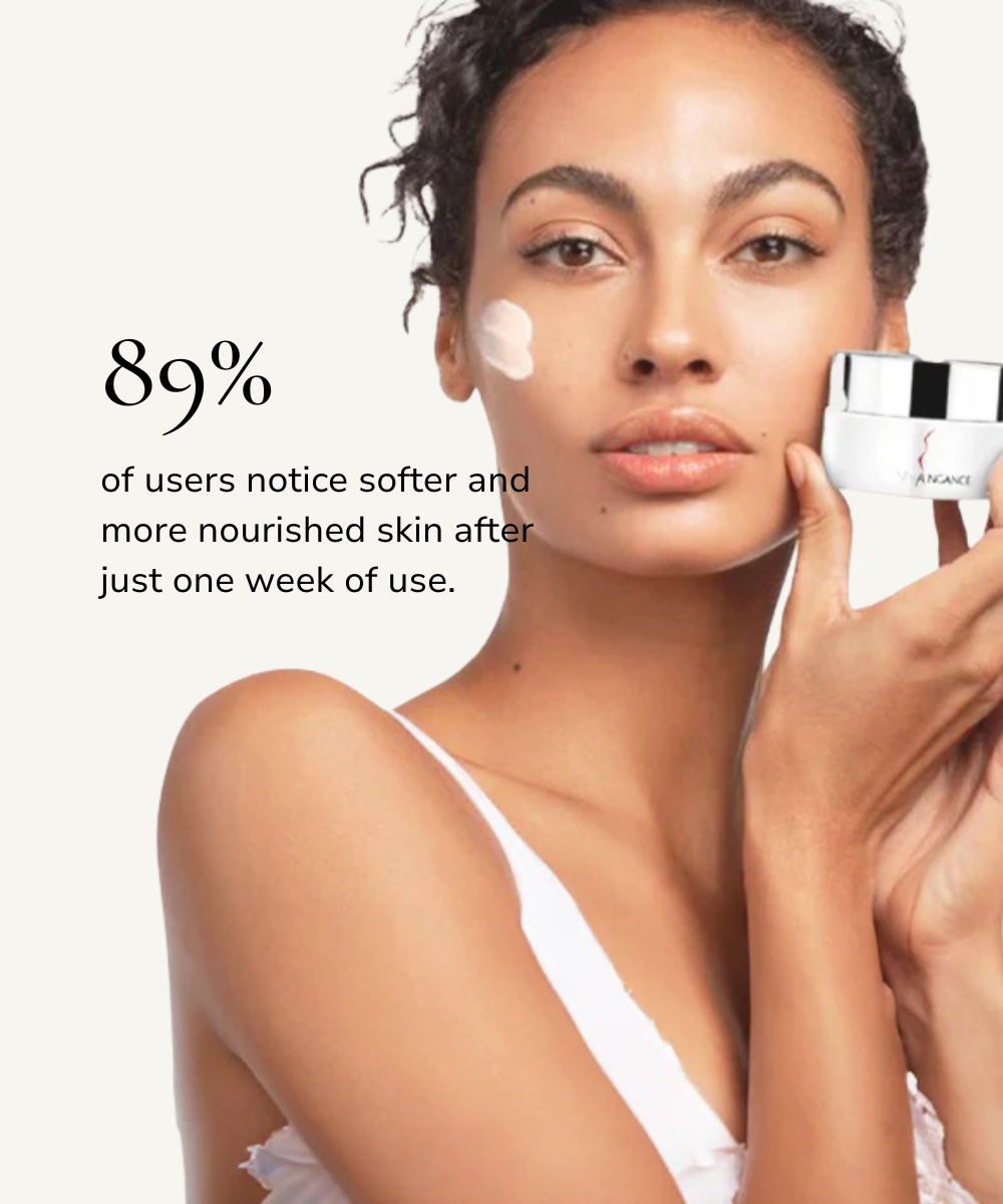 Woman holding a skincare product with text about skin improvement.