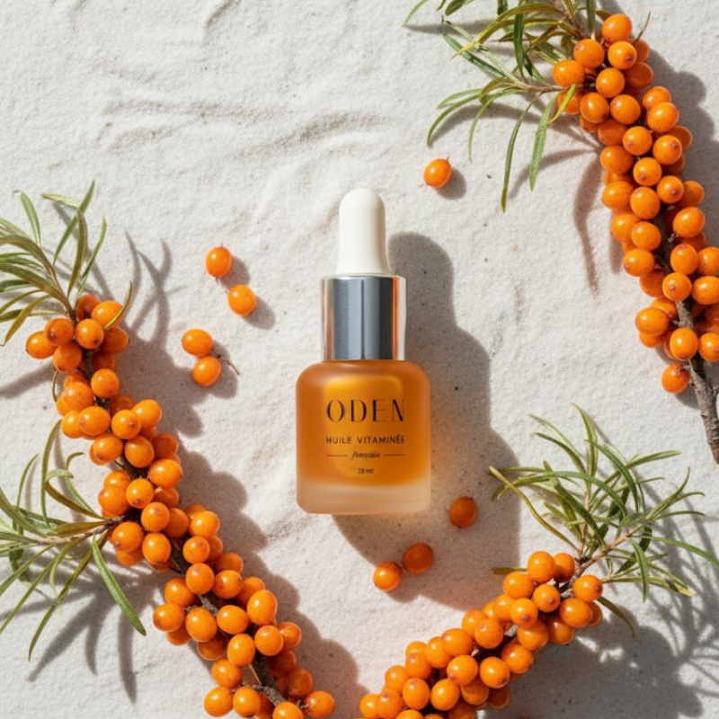 ODEN Huile Vitamine bottle surrounded by sea buckthorn berries on a light background