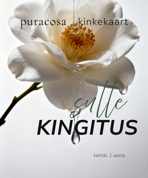 A white magnolia flower with a yellow-orange center, water droplets dripping from above and below, and overlaid text reading 'puracosa kinkekaart', 'sulle', 'KINGITUS', and 'kehti: 1 aasta' on a light gray background.